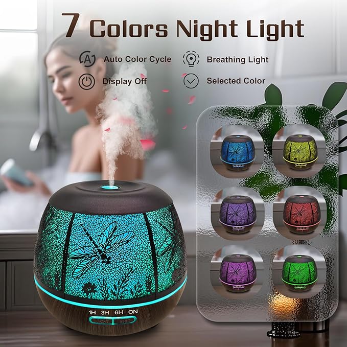 Essential Oil Diffuser for Bedroom 400ml,Diffusers for Home with R/C,Cool Mist Humidifier Large Room,Ultrasonic Scent Diffuser Waterless Auto Off,7 Colors Light & 3 Mist Modes for Desk Dragonfly