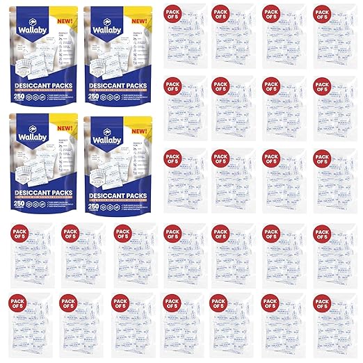Wallaby 2 gram (1,000 Packets) Food Safe Pure White Silica Gel Desiccant Dehumidifier Packs - Rechargeable & Coated Moisture Absorbers - Protects Against Moisture Damage - (Packed in 200x Sets of 5)