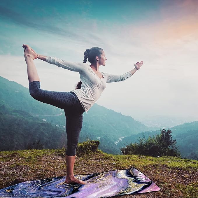 QiyI Yoga Mat Towel with Corner Pockets, Non Slip Sweat Absorbent Hot Yoga Towels, Soft Yoga Blankets with Travel Bag, Skidless Mat Cover for Workout, Gym, Fitness - 74"x26", Purple Gold Marble-FlexoryFit