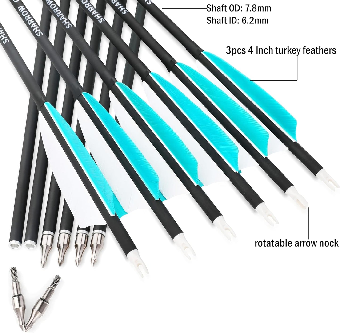 ZSHJGJR 30 Inch Archery Carbon Arrows Hunting Arrows with 4” Turkey Feather Target Practice Arrows Spine 500 for Compound & Recurve &Traditional Bow 6/12pcs