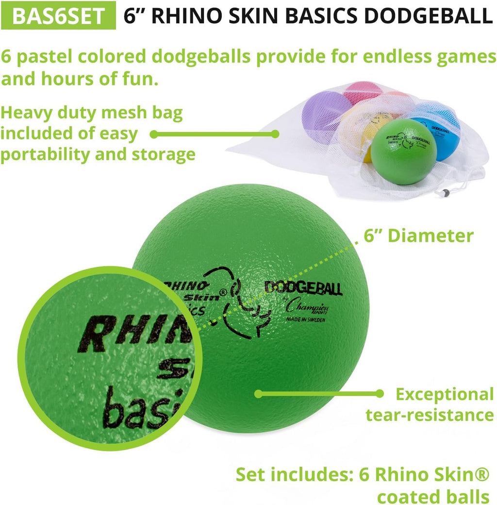 Champion Sports Rhino Skin Dodgeball Set – 6 Soft Foam Dodgeballs with Tear-Resistant Coating, Grip Surface, Low Bounce, Mesh Bag, Indoor & Outdoor Playground or PE Class Ball Set – 6” or 7”