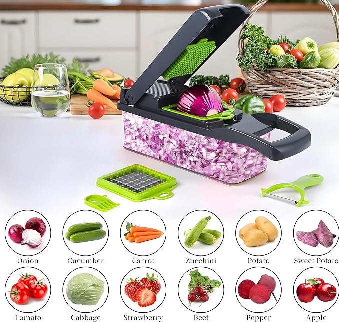 16-in-1 Vegetable Chopper & Slicer | Stainless Steel Mandoline Cutter with Onion Dicer, Grater, Spiralizer, Julienne Blades | Multifunctional & Manual Kitchen Tool I Lightweight & Easy To Use-FlexoryFit
