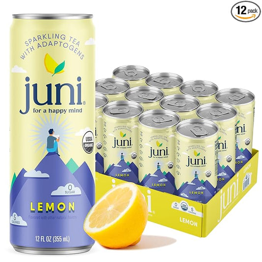Juni Sparkling Adaptogen Drink with Ashwagandha, Lion’s Mane & Reishi Mushrooms | Green Tea for Focus, Zero Sugar, 5 Calories, Organic | Non Alcoholic Drinks - Lemon 12 pack-FlexoryFit