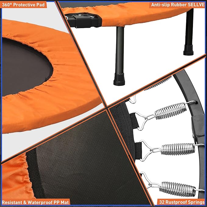 HYD-Parts 40" 48" Mini Trampoline for Adults and Kids Exercise Rebounder with Adjustable Bar Fitness Trampoline Indoor Max Load 330 440lbs-FlexoryFit