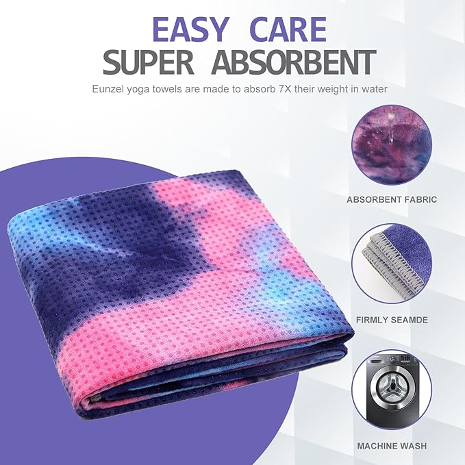 Eunzel 2 Pack Yoga Towel,Hot Yoga Mat Towel with Grip Dots Sweat Absorbent Non-Slip for Hot Yoga, Pilates and Workout 24" x72，Purple & Blue (2 Pack)-FlexoryFit