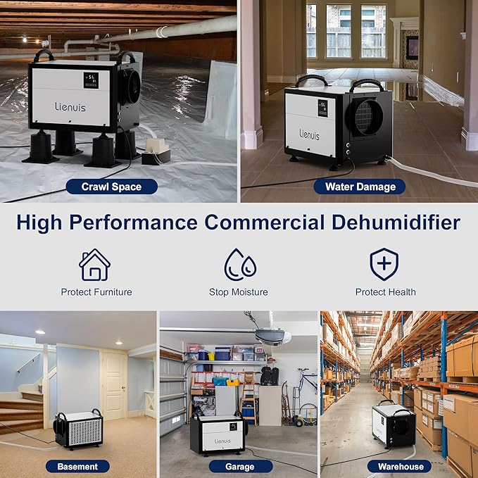 Crawl Space Dehumidifier with Drain Hose, Industry Water Damage Restoration, Auto Defrost, Memory Starting, Remote Control, CSA Listed, 110 Pints Commercial Dehumidifier for Warehouse Whole House