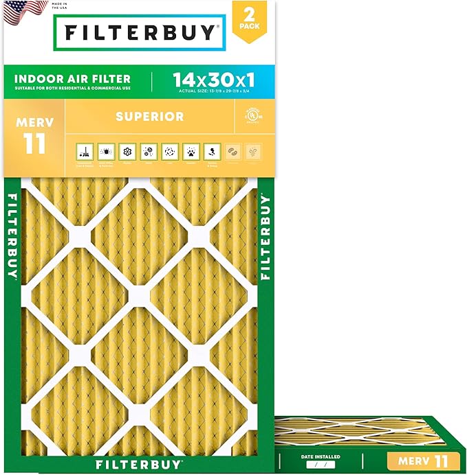 Filterbuy 14x30x1 Air Filter MERV 11 (MPR 1200) Allergen Defense Replacement (2-Pack), Electrostatic Pleated HVAC AC Furnace Filters, Made in USA (Actual Size: 13.88 x 29.88 x 0.75)