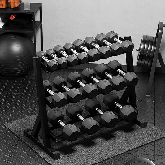 Premium Rubber Coated Hex Dumbbell Weight Set with Rack, Multiple Packages,210LB/350LB/450LB/550LB Set for Home Gym, Hand Weights for Muscle Toning, Strength Building & Full Body Workout-FlexoryFit