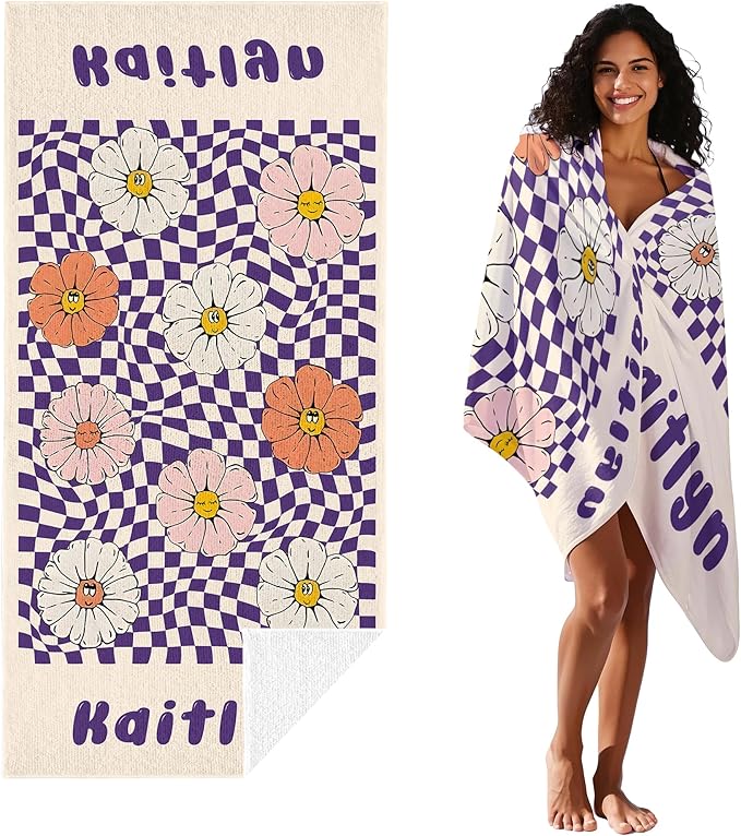 JML Personalized Beach Towel with Name, Custom Flower Beach Towel, Customized Microfiber Pool Towel, Quick Dry & Absorbent Swim Towel for Adult,Anniversary, Birthday, Summer Holiday,Vacation-FlexoryFit