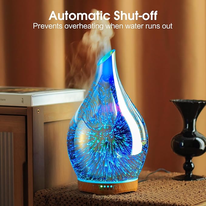 Porseme 280ml Essential Oil Diffuser 3D Hand-Blown Glass Aroma Diffusor, Aromatherapy Unltrasonic Cool Mist deffuser, 7 Color Changing Humidifier, Waterless Shut-Off, Timer Function for Home Office