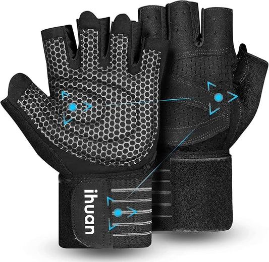 ihuan Ventilated Weight Lifting Gym Workout Gloves with Wrist Wrap Support for Men & Women, Full Palm Protection, for Weightlifting, Training, Fitness, Hanging, Pull ups-FlexoryFit