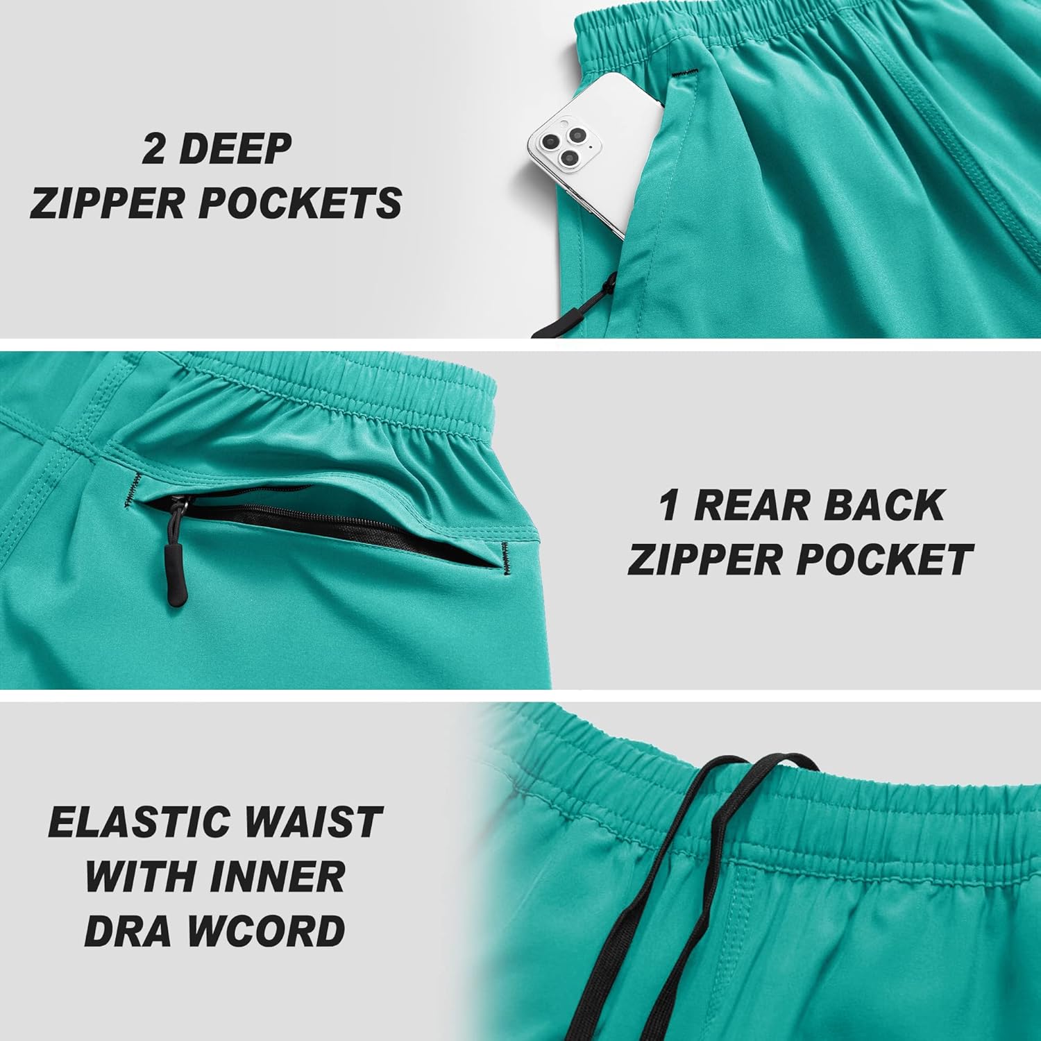 Men's Gym Shorts Sports Quick Dry Workout Running or Casual Training Short with Zipper Pockets