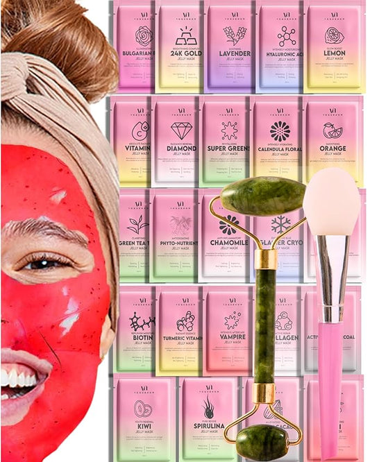 Jelly Mask for Facials - 24 Flavors Hydrating & Brightening Jelly Face Masks | Free Jade Roller & Spatula | Bulgarian Rose, Lavender, Hyaluronic Acid, 24K Gold face mask skin care |Vajacial Jelly Mask-FlexoryFit