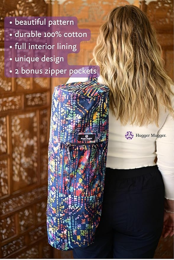 Hugger Mugger Batik Yoga Mat Bag - beautiful pattern, durable 100% cotton, full lining, adjustable strap, 2 extra zipper pockets-FlexoryFit