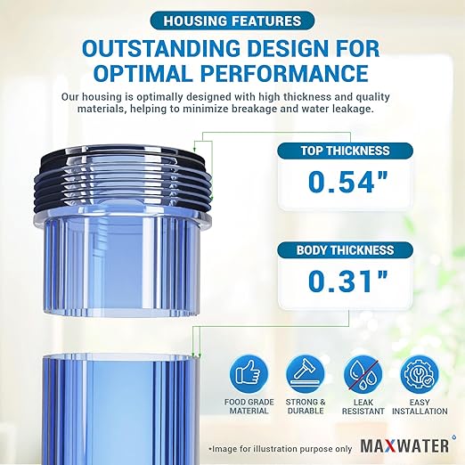 Max Water Whole House 20" x4.5" Purple Clear WH Water Filter Housing 1 inch Inlet/Outlet Ports with Pressure Gauge Wrench and Bracket (3 Housing + 2 Pressure Gauge)