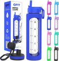 FIT Strong & Healthy 32 oz Glass Water Bottle with Straw Lid, Time Marker, Sleeve & Extra Lid - Motivational, Wide Mouth 1 Liter Glass Drinking Bottle