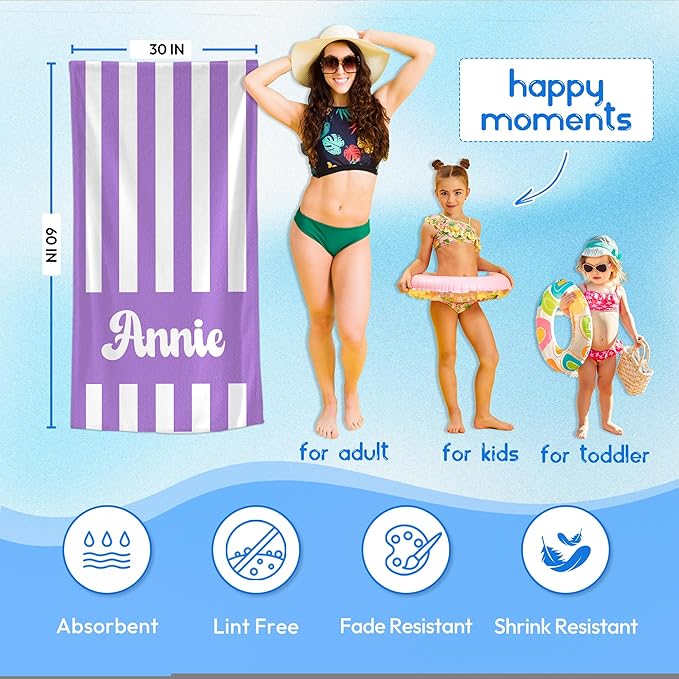 JML Personalized Beach Towel with Name, Custom Cabana Stripe Beach Towel, Customized Microfiber Pool Towel, Quick Dry & Absorbent Swim Towel for Adult,Mother's Day, Birthday, Summer Holiday,Vacation-FlexoryFit