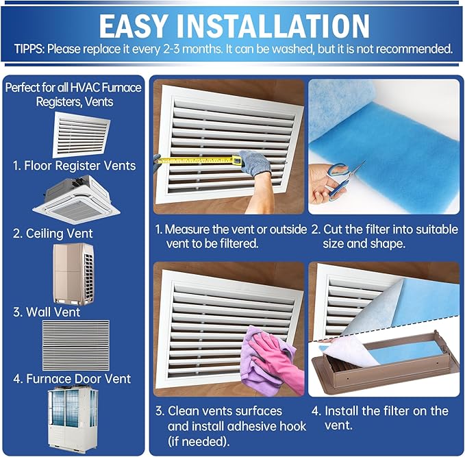 UBeesize Air Vent Filters, 16" x 90" Cut to Size Air Filter Material (50+ Filters), MERV 8 Triple Vent Filter Kit for Home Floor, Grilles, Ceiling, HVAC Furnace Vent, With 48PCs Adhesive Hook Tape