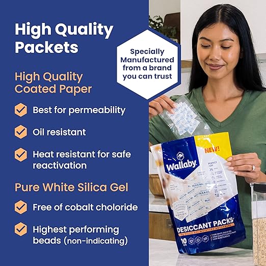 Wallaby 5 gram (250 Packets) Food Safe Pure White Silica Gel Desiccant Dehumidifier Packs - Rechargeable & Coated Moisture Absorbers - Protects Against Moisture Damage - (Packed in 50x Sets of 5)
