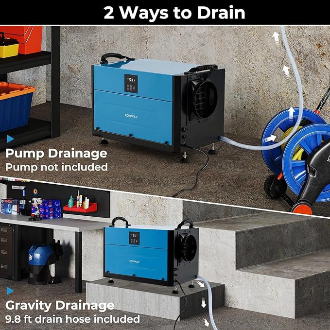 COSTWAY 192 PPD Commercial Dehumidifier, 2600 Sq.Ft Crawl Space Dehumidifier with 9.8 FT Drain Hose & Wired Remote Control Panel, Ideal for Basement, Warehouse, Job Site (Blue)