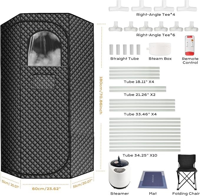 Steam Sauna Box, Portable Sauna for Home, Extra Large Pentagon Design Saunas Tent, Includes 3L Steamer with 9 Levels Remote Control and Absorbent Mat & Folding Chair (Black Pentagon)