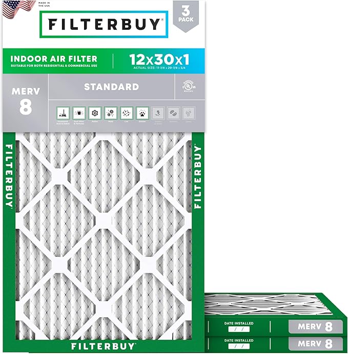 Filterbuy 12x30x1 Air Filter MERV 8 Dust Defense (3-Pack), Pleated HVAC AC Furnace Air Filters Replacement (Actual Size: 11.88 x 29.88 x 0.75 Inches)