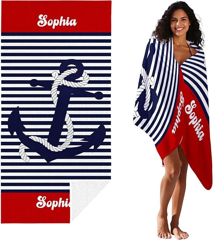 JML Personalized Beach Towel with Name, Custom Anchor Beach Towel, Customized Microfiber Pool Towel, Quick Dry & Absorbent Swim Towel for Adult,Anniversary, Birthday, Summer Holiday,Vacation-FlexoryFit