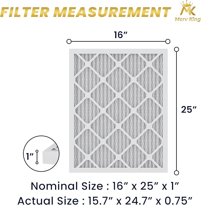 MervKing 16x25x1 Air Filter Actual Size: 15.7" x 24.7" x 0.75" MERV 8 MPR 600-700 | MADE IN USA | 2-Pack | Pleated HVAC AC Furnace Replacement