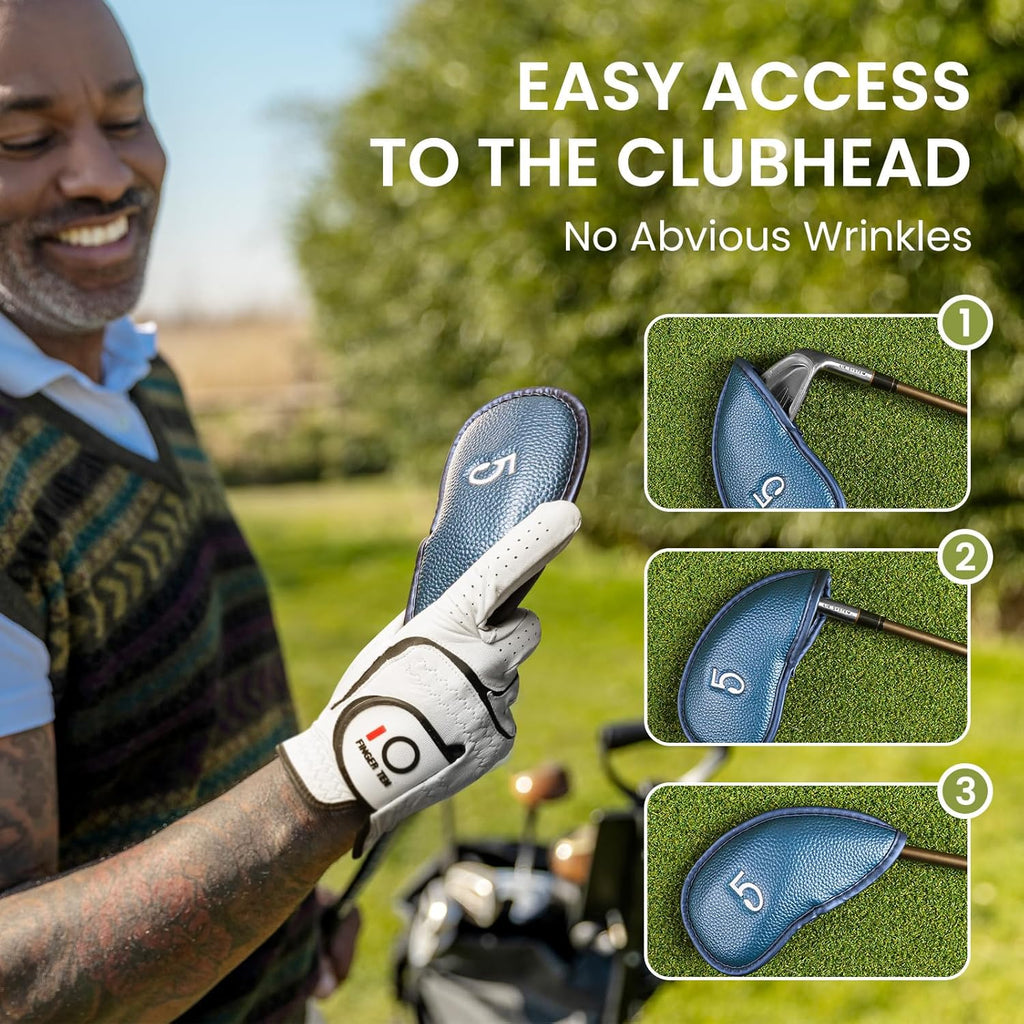 FINGER TEN Premium Synthetic Leather Stylish Iron & Wedge Golf Head Covers Value 12 Piece Set, Embroidered Labels & Fits Most Clubs Gift Set, Travel Protection Accessories