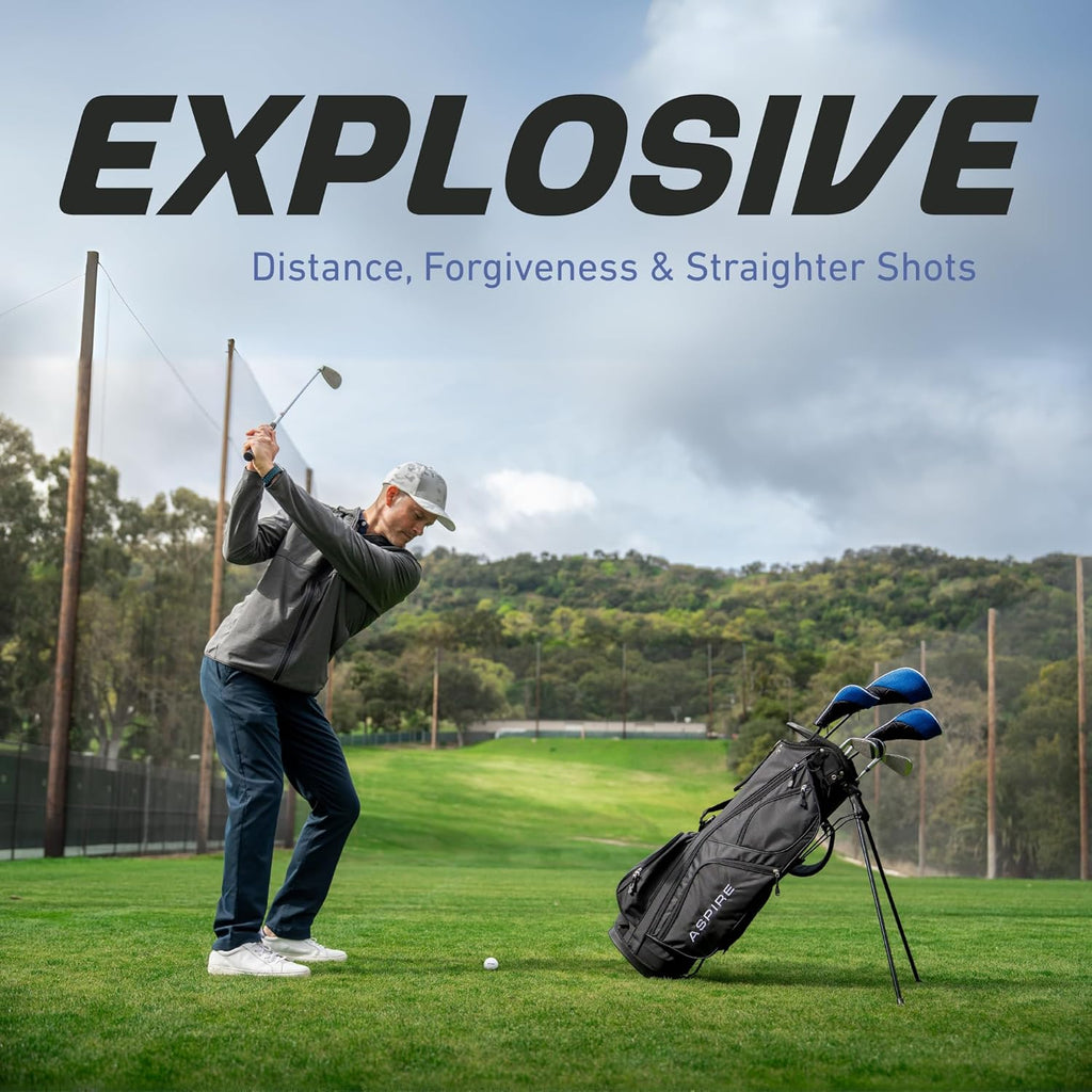 Aspire XD1 Complete Mens Golf Club Set, Includes Titanium Driver, S.S. Fairway, S.S. Hybrid, S.S. 6-PW Irons, Putter, Bag, 3 H/C's, Right & Left Handed Golf Clubs