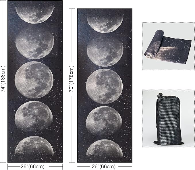 QiyI Yoga Mat Towel with Corner Pockets, Non Slip Sweat Absorbent Hot Yoga Towels, Soft Yoga Blankets with Travel Bag, Skidless Mat Cover for Workout, Gym, Fitness - 74"x26", Moon Cycle-FlexoryFit