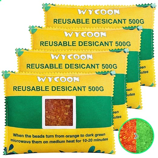 4 x 500g Rechargeable Silica Gel Car Dehumidifier, Moisture Absorber with Transparent Indicator Window, Reusable Desiccant Packs for Closet, Basement, Gun Safe, RV,Garage & Storage