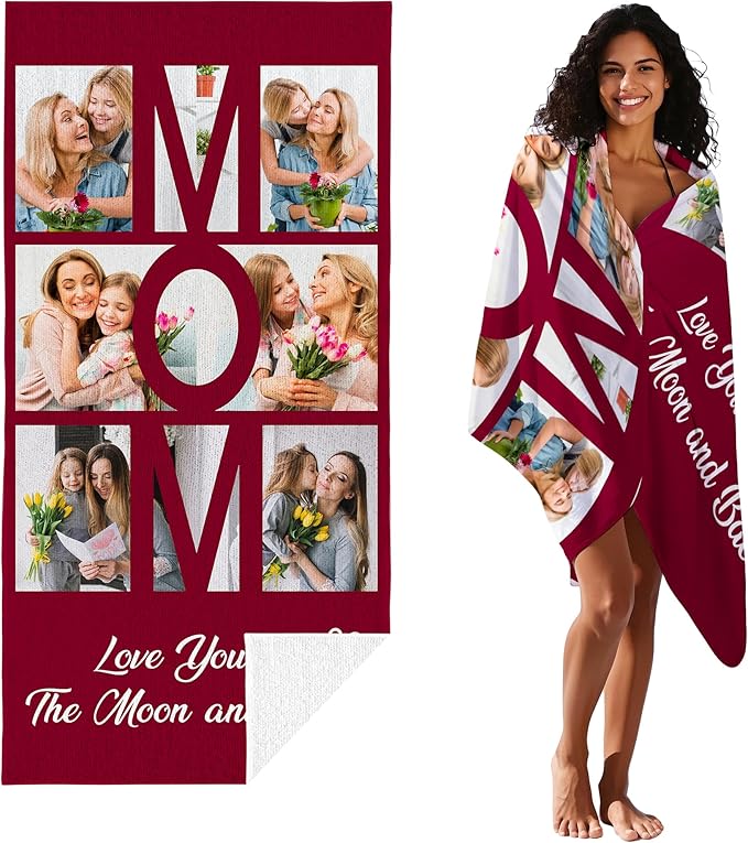 JML Mothers Day Birthday Gifts for Mom from Daughter Son, Personalized Beach Towel with Photo, Custom Beach Towel Gift for Mommy, Grandma, Women, Wife Anniversary Family Day, Summer, Holiday-FlexoryFit
