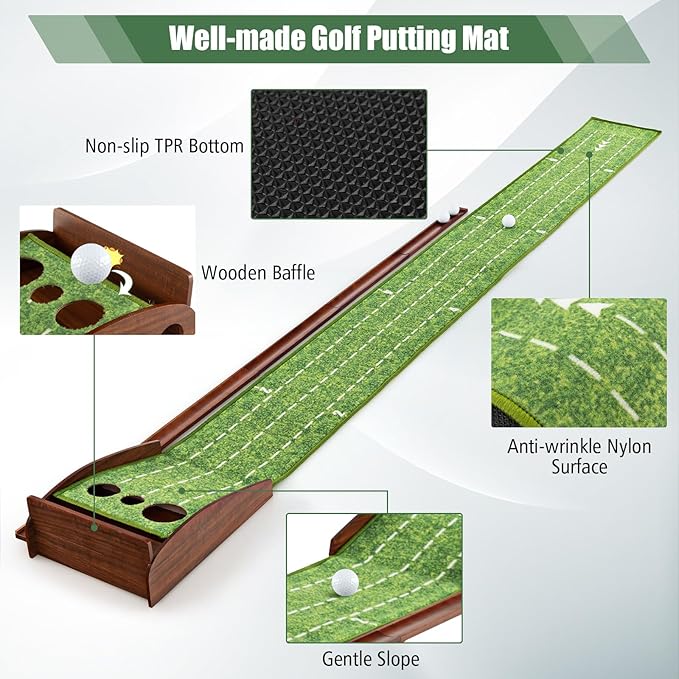 Tangkula 10 FT Golf Putting Green, 2/3-Hole Golf Putting Practice Mat with Auto Ball Return for Indoors & Outdoors, Alignment Guides & 3 Golf Balls, Mini Golf Game for Home and Office