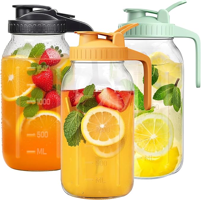 64oz Large Mason Jar Pitcher with Lid,2 Quart Airtight Glass Tea Pitchers for Fridge, Leak-Proof Coffee Dispenser,Heavy Duty Water Container for Cold Brew Juice,Breastmilk Storage-(Black+Green+Yellow)