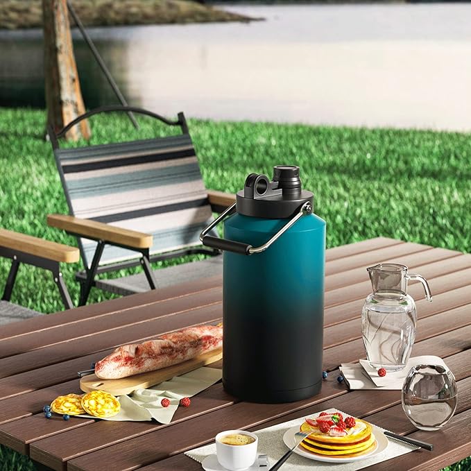 Kerilyn Insulated Gallon Jug with Handle, One Gallon, 128oz Stainless Steel, Large Double Vacuum Water Bottle for Hot & Cold Drinks, Wide Mouth, Sweat Proof, Great for Travel, Camping, Blue Gradient-FlexoryFit
