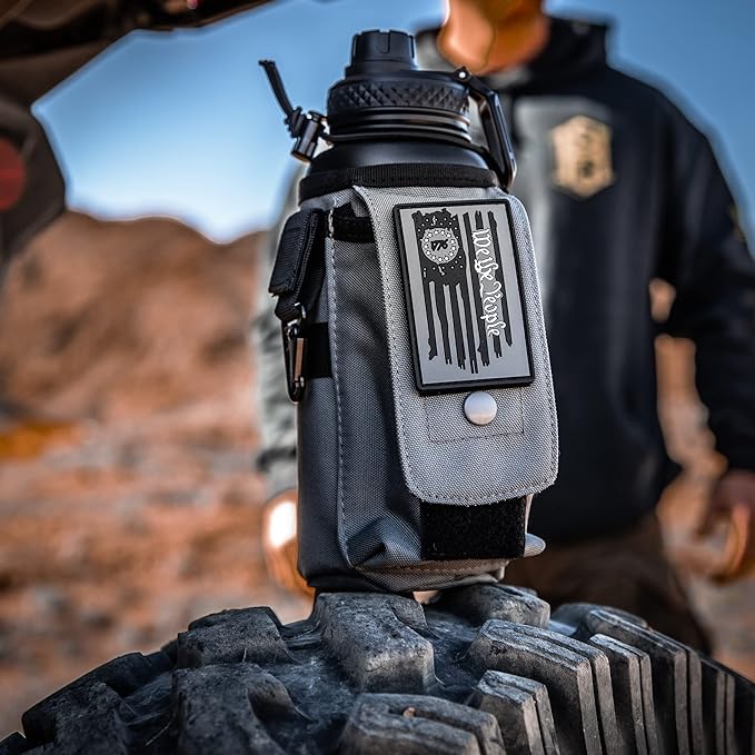 Iron Infidel Battle Bottle - 32 Oz Insulated Water Bottle with Straw Lid & Chug Cap, Stainless Steel Metal Tactical Flask with Rugged, Removable Sleeve for Keys & Phone or Wallet (Betsy Ross 1 Liter)-FlexoryFit