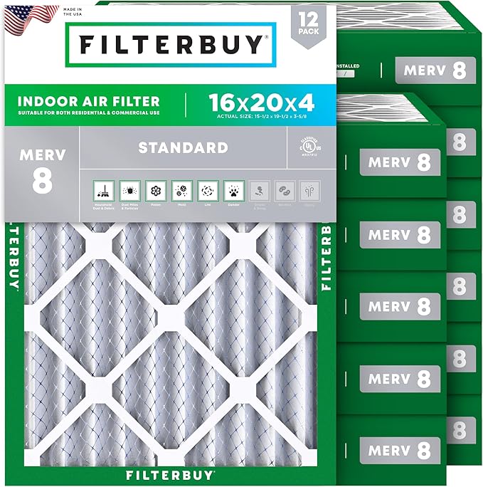 Filterbuy 16x20x4 Air Filter MERV 8 (MPR 700) Dust Defense Replacement (12-Pack), Electrostatic Pleated HVAC AC Furnace Filters, Made in USA (Actual Size: 15.50 x 19.50 x 3.63)