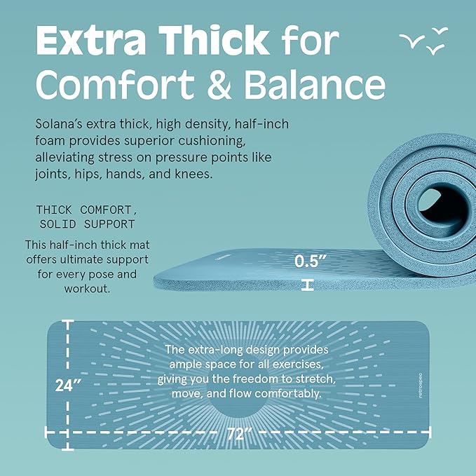 Retrospec Solana Yoga Mat 1/2" Thick w/Nylon Strap for Men & Women - Non Slip Exercise Mat for Yoga, Pilates, Stretching, Floor & Fitness Workouts-FlexoryFit