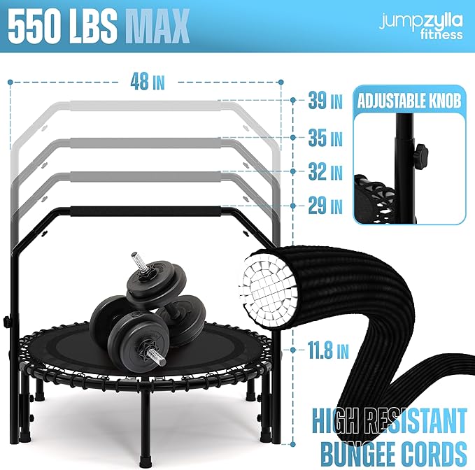 Jumpzylla Fitness Trampoline 40" or 48" | Foldable Mini Rebounder Trampoline for Adults with Bar | Durable, Quiet, Low-Impact Exercise Equipment for Indoor and Home Workouts (550 LBS Capacity)-FlexoryFit