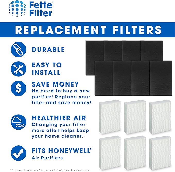 Fette Filter Set - HEPA Filter for Honeywell Air Purifier HPA300, HPA304, HPA8350, HPA5350, HPA5300B. 6 Hepa + 8 Pre-Filters