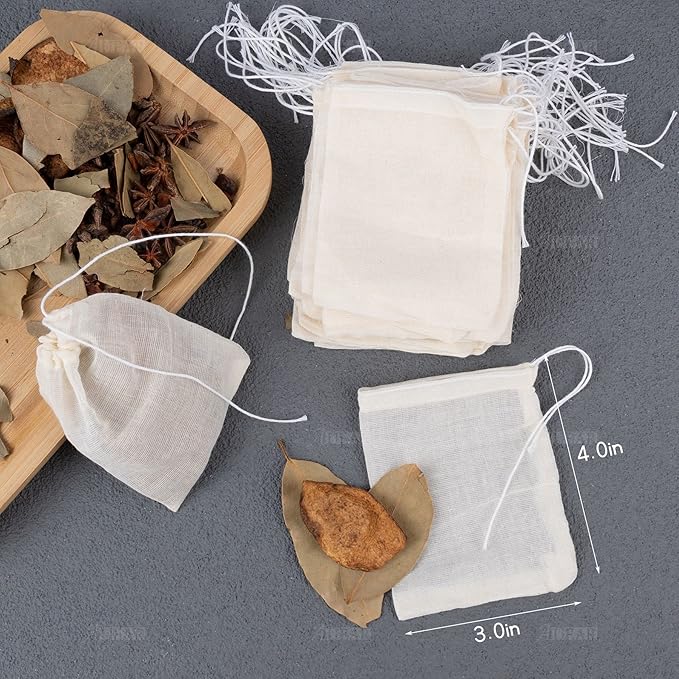 AUEAR, 50 Pack Reusable Drawstring Cotton Soup Bags Spice 3 x 4 Inch Tea Filter Coffee Brew Herb Muslin Cheesecloth for Straining