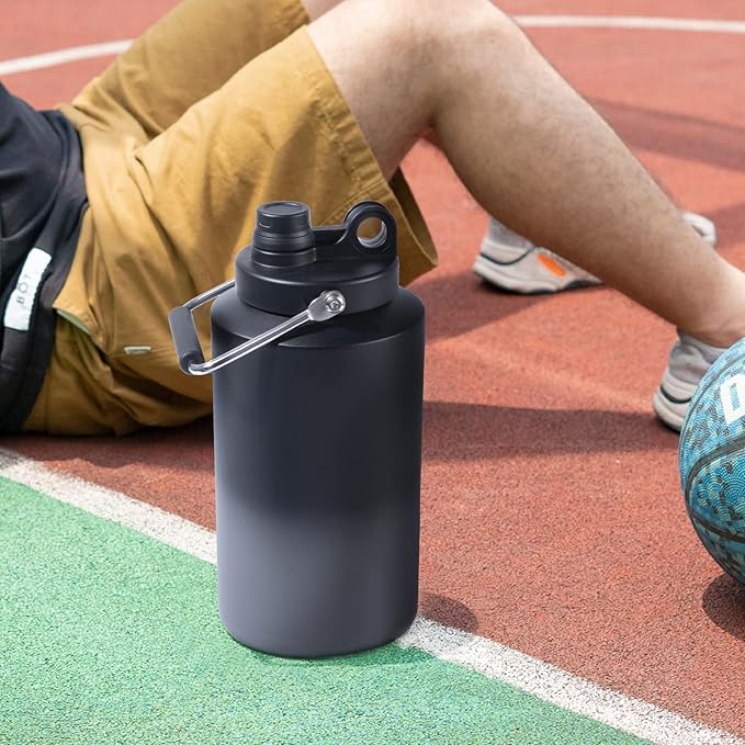 Kerilyn Insulated Gallon Jug with Handle, One Gallon, 128oz Stainless Steel, Large Double Vacuum Water Bottle for Hot & Cold Drinks, Wide Mouth, Sweat Proof, Great for Travel, Camping, Grey Gradient-FlexoryFit