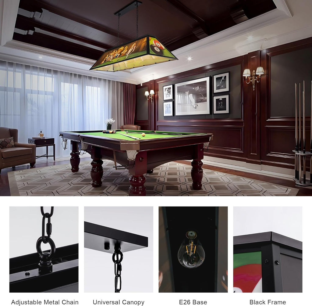 Wellmet Tiffany Pool Table Light, Dogs Playing Billiards Lights for 7' 8' 9' Pool Table, 5 Lights Billiard Fixture Hanging Pendant Lamp for Snooker Table, Cabin, Game Room, Men's Cave, Dining Room