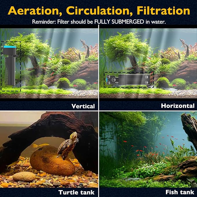 Aquarium Filter with Aeration & Rainfall Mode, U - V Fish Tank Filter with Timer (3/6/12/24 Hours) for Green Water Cleaning, Turtle Tank Filter with Efficient Filter Sponge (60-150Gal)