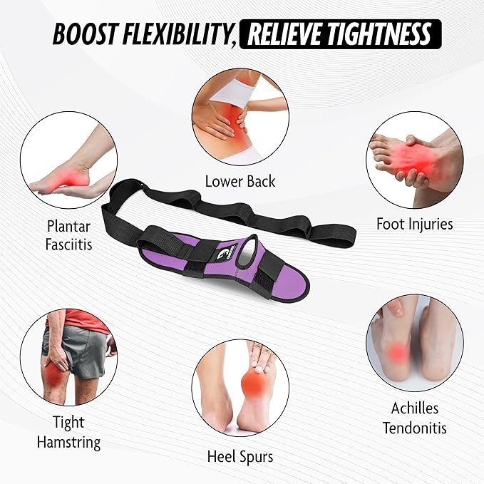 DMoose Fitness Foot & Calf Stretcher with Adjustable Padded Stretching Strap for Plantar Fasciitis, Hamstring, Heel Spurs and Achilles Tendonitis Relief - Yoga Leg Stretch Strap for Flexibility-FlexoryFit