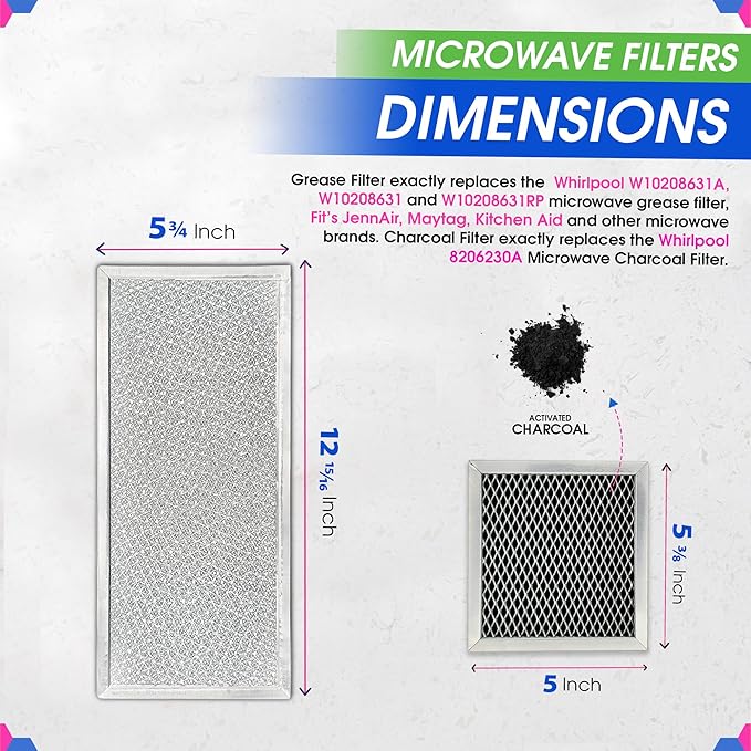 Bagean Grease Microwave Vent Filter W10208631A and Charcoal 8206230A Whirlpool Microwave Filter Replacement Combo Pack - Aluminum Mesh and Carbon Filters Refresh The Kitchen Stove Oven Air (2-Sets)