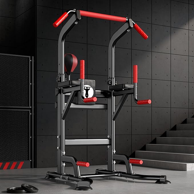soges Pull Up Bar Dip Station, Power Tower with Boxing Speed Ball & Spinning Target, Adjustable Height Dip Stand Strength Training Fitness Workout Station, Assistive Trainer Pull Up Stand