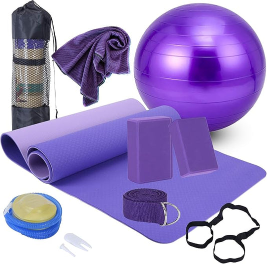 Yoga Starter Kit - 11-Piece Set with Yoga Blocks, Strap, Ball, Mat, Carrying Strap, Net Bag, Cooling Towel-FlexoryFit