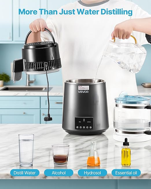 VEVOR Water Distiller, 4L 1.1 Gallon Pure Water Purifier Filter for Home Table Countertop, 1750W Distilled Maker with Glass Pot, Stainless Steel Interior Drinking Machine to Make Clean Waters, Grey